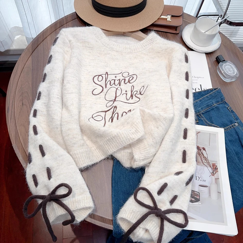 

Letter Embroidery Design Bow Knitted Women's Sweater Autumn American Style Lazy Unique Short Long Sleeve Pullover Female Tops