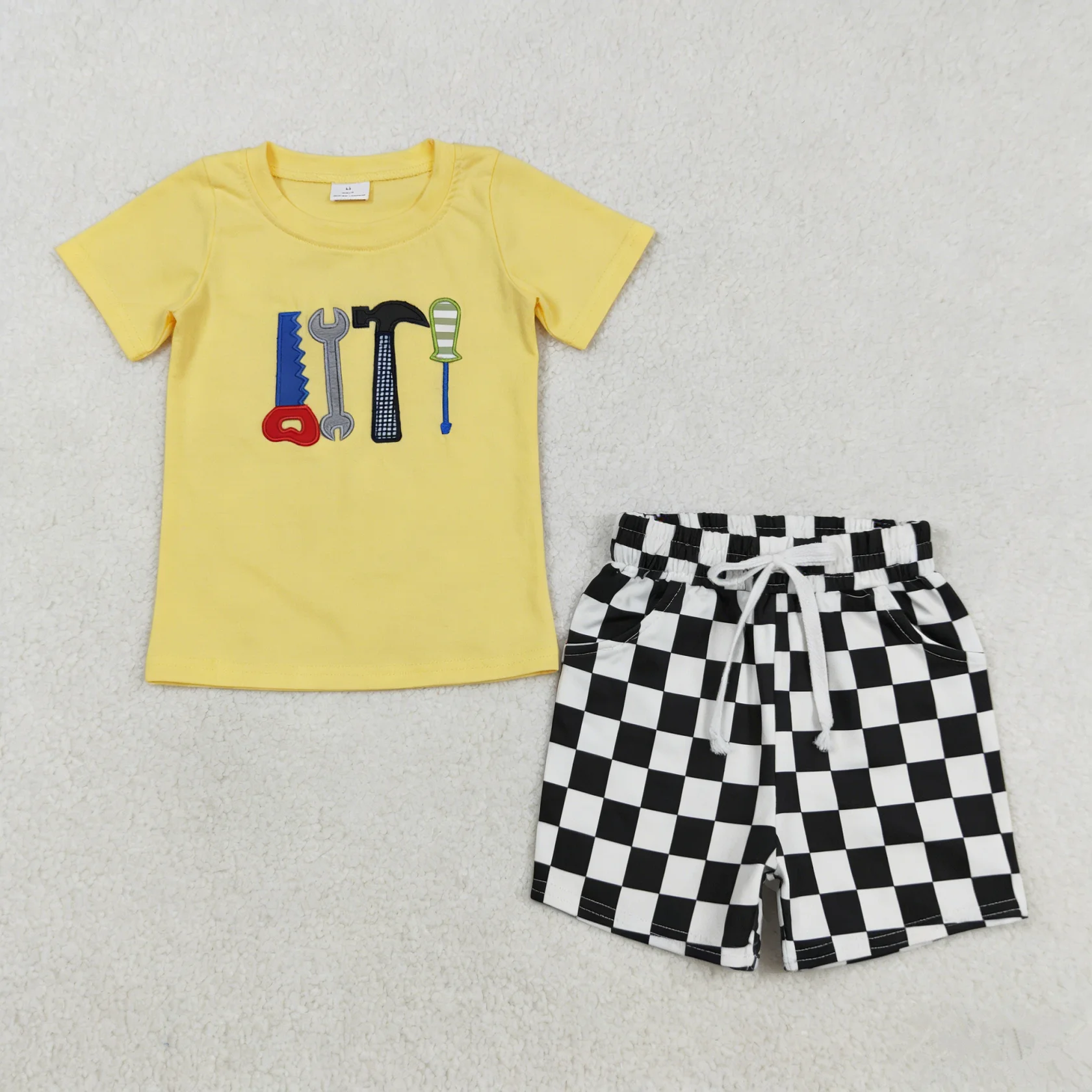 Wholesale Baby Boy Short Sleeves Embroidery Tools Shirt Children Kids Set Pockets Plaid Shorts Boys Toddler Outfit Clothes