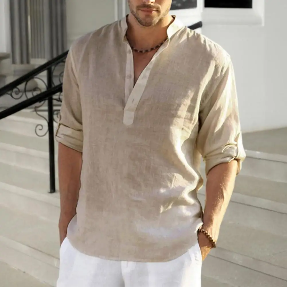 Nuove camicie da uomo in cotone e lino Camicie casual Camicie da spiaggia leggere a maniche lunghe T-shirt hawaiana da uomo