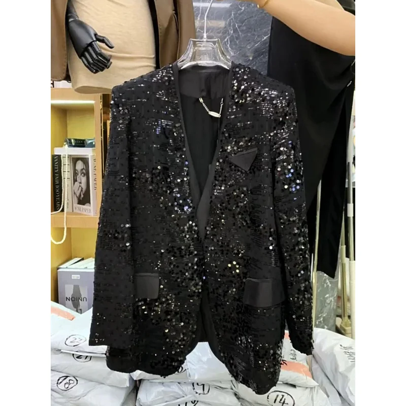 Elegant V-neck ladies sequined coat women suit trendy thin sequins black suits jacket top 2023 autumn clothing