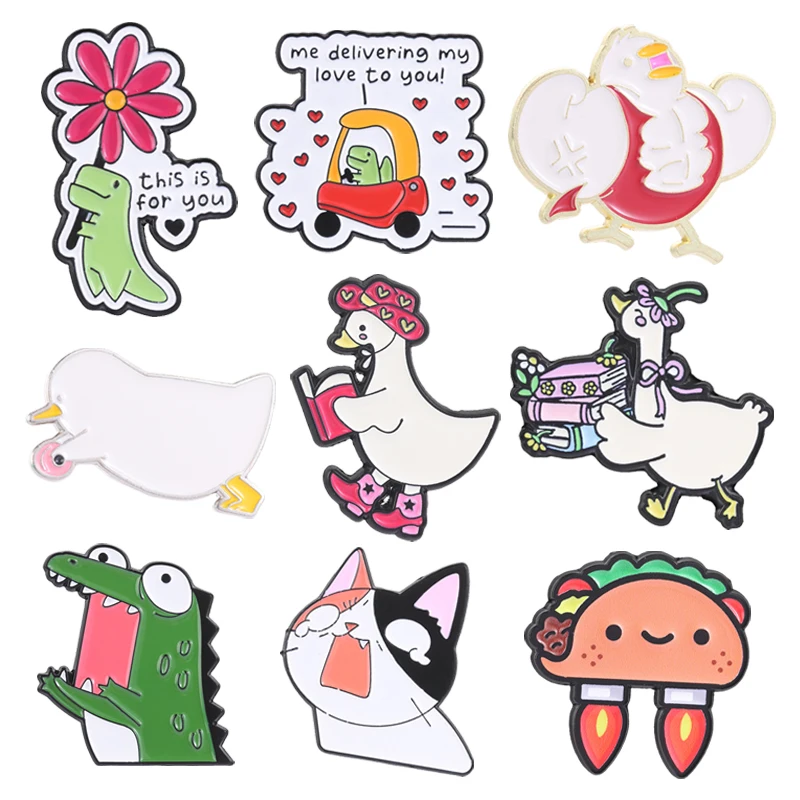 Funny Dinosaur Driving Enamel Pins Floral Book Goose Screaming Cat Muscles Duck Cute Animal Brooches Lapel Badge Jewelry Gifts
