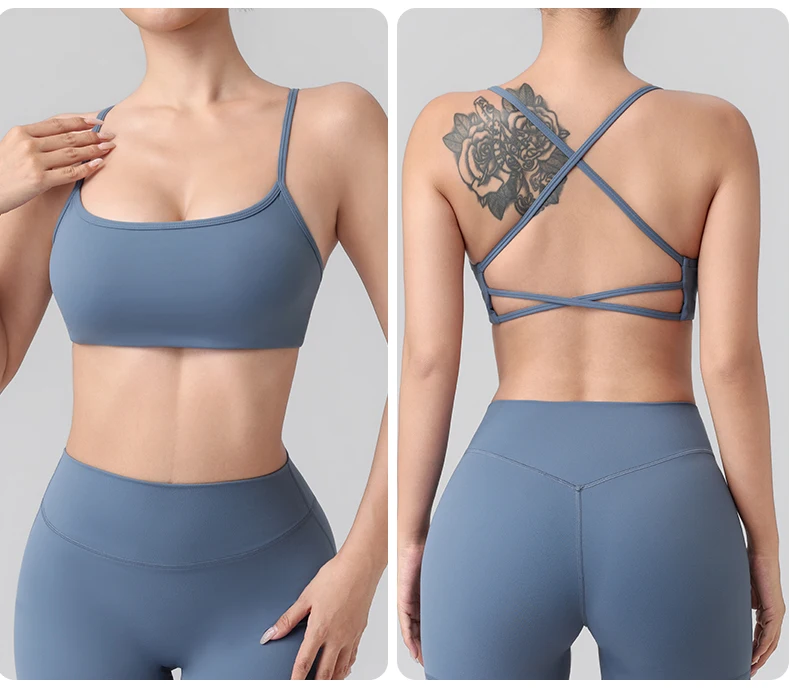 Einfarbiger Gym-Yoga-BH für Damen mit überkreuzten Rückenträgern, hochfestes, eng anliegendes Sport-Top mit Brustpolster. – Detail 8