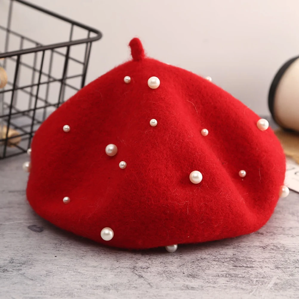 

Wool Felt Women Warm Beret for Girls Women Pearl Hat Fashionable Warm Winter Headwear Elegant Headdress Casual