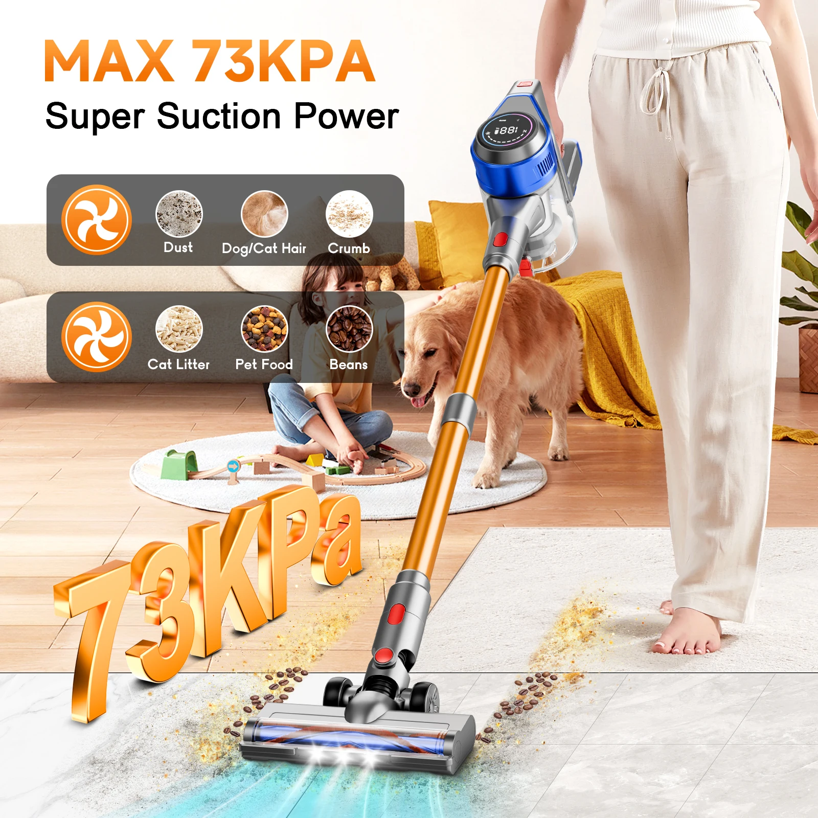 Honki 73KPA Cordless Vacuum Cleaner with LED High Power Strong Suction Wet and Dry Handheld Vacuum Cleaner for Pet Hair Carpet