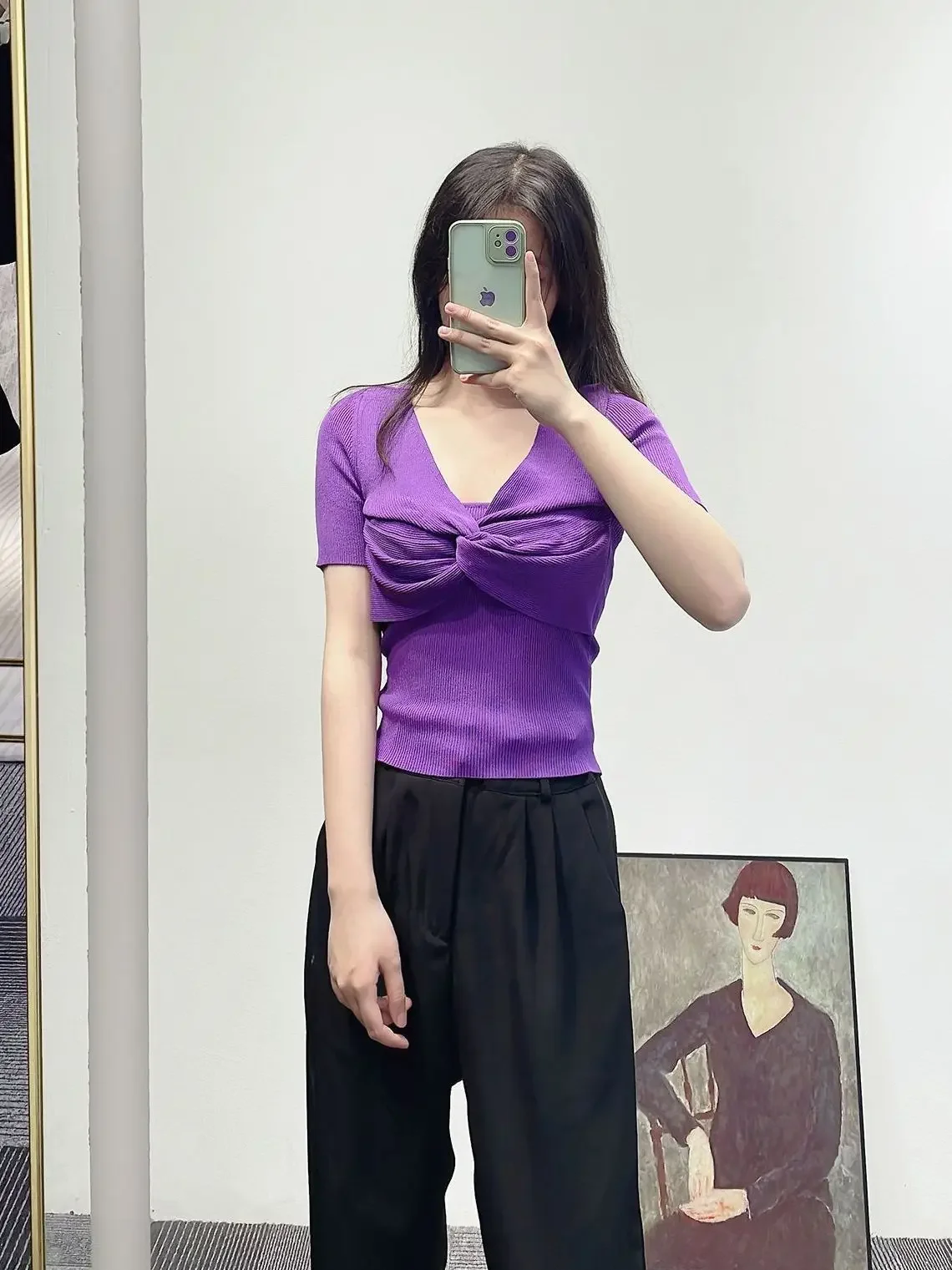 

Women Purple or Black Sweater Bow V-Neck Short Sleeve Slim Spring 2024 Knitted Pullover