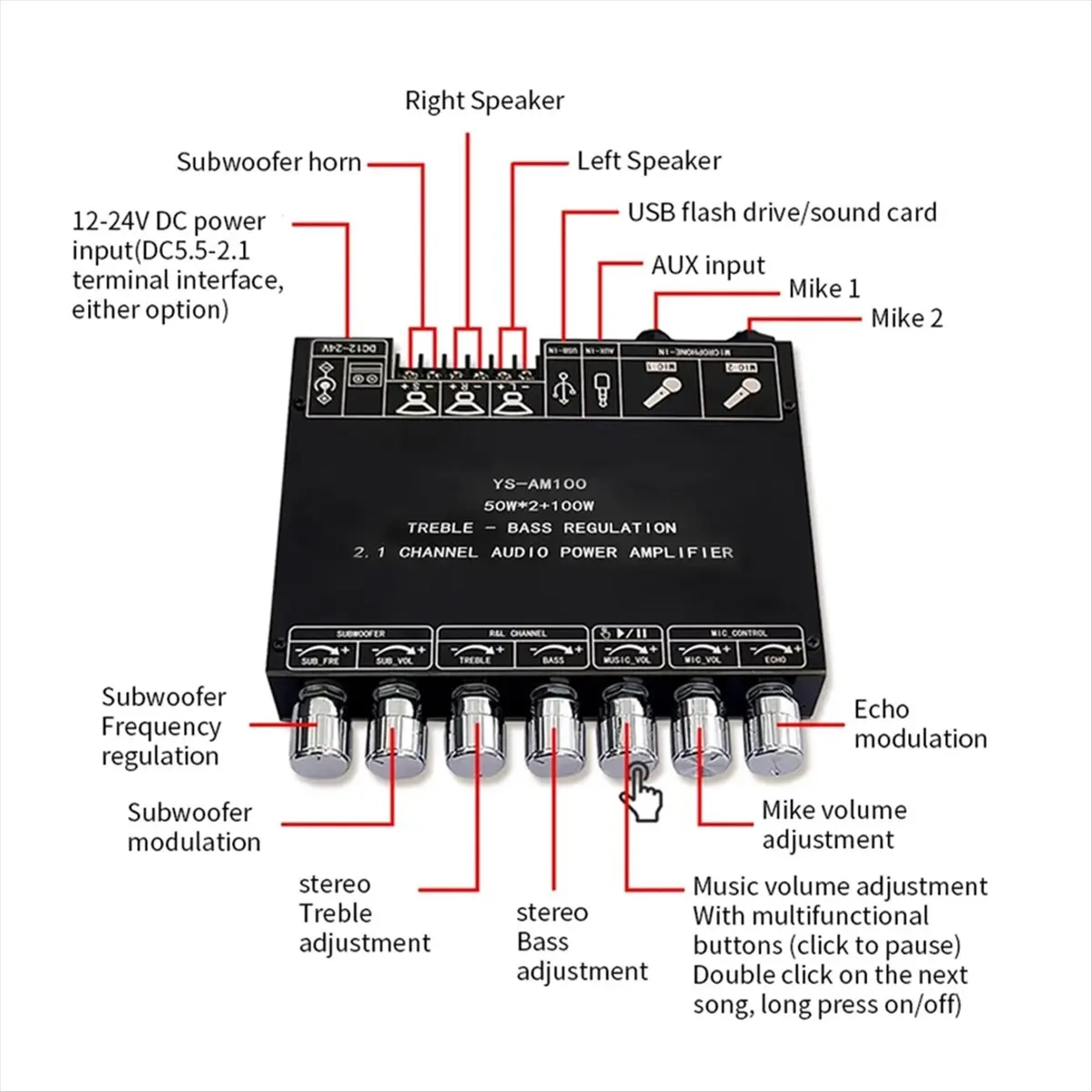 

-AM100 KTV High Power Bluetooth Amplifier Board Microphone Sound 2.1 Channel TPA3116D2 Amplifier Board