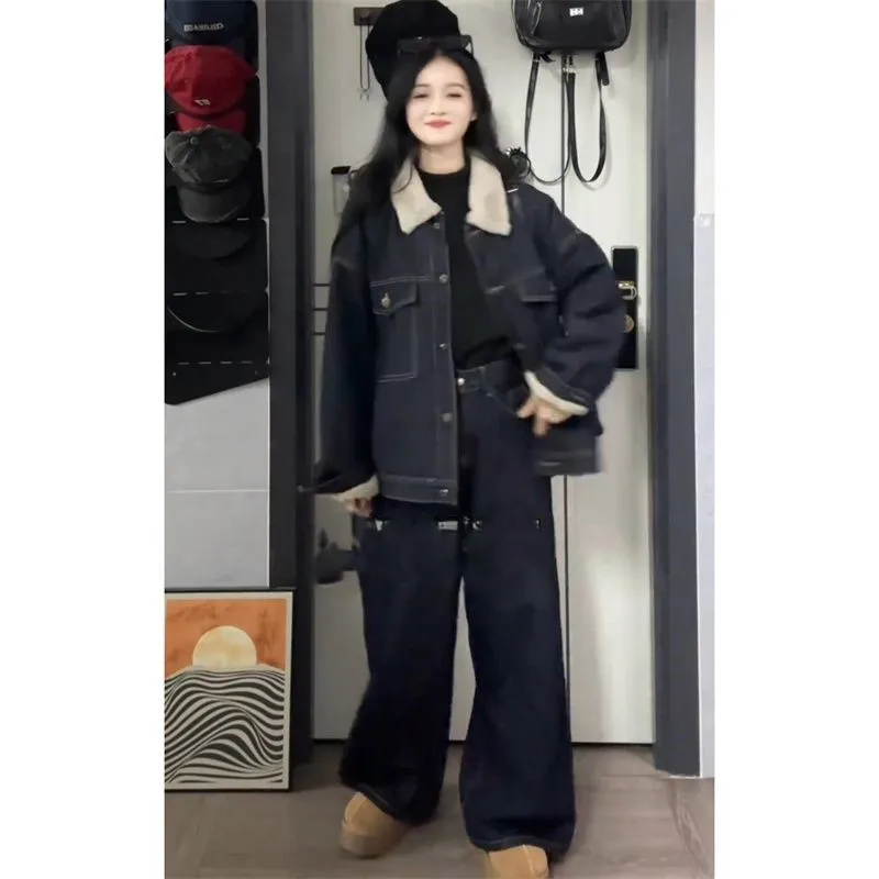 

Denim Coat For Woman With Hoodie Fur Plush Womens Fall Boxy-Fit Sweet Cool Girl College Classroom Anti-Wrinkle Fleece-Lined Chic