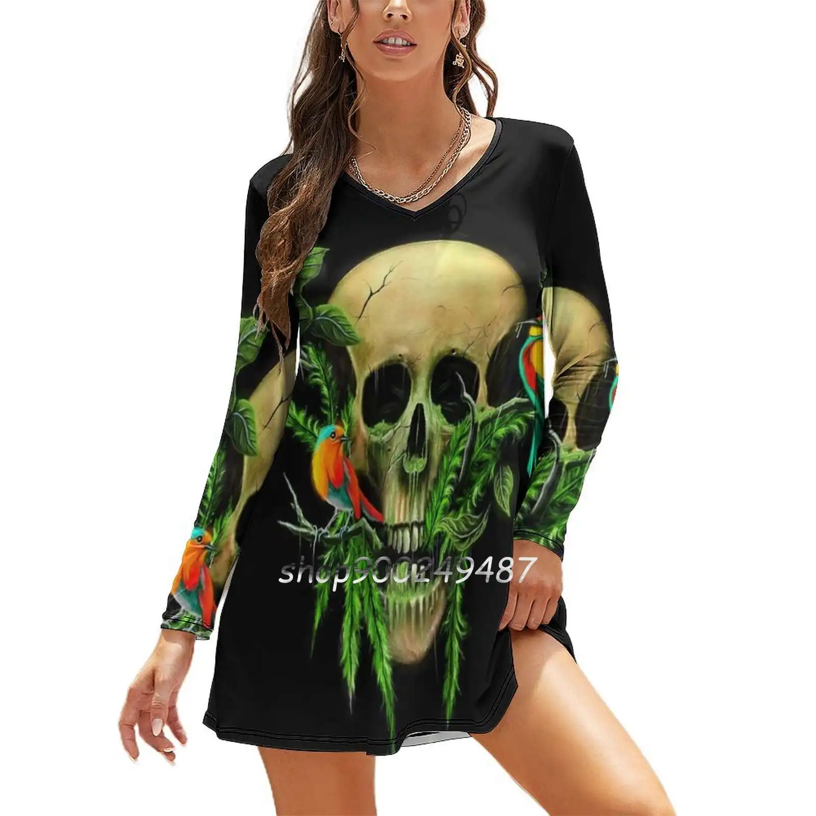 Life & Death Slim Dress With Hollow Waist Autumn Winter Sexy V Neck Long Sleeve Dresses Life Skull Nature Birds Feathers