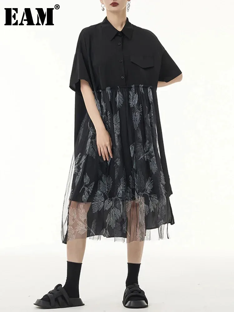 [EAM] Women Black Printed Irregular Mesh Big Size Shirt Dress New Lapel Short Sleeve Fashion Tide Spring Summer 2024  1DF8772