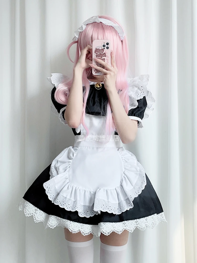 Plus Size Maid Cosplay Cat Girl Black and White Maid Outfit Lolita Princess Dress Anime Housemaid Coffee Waiter Clothing 4-piece