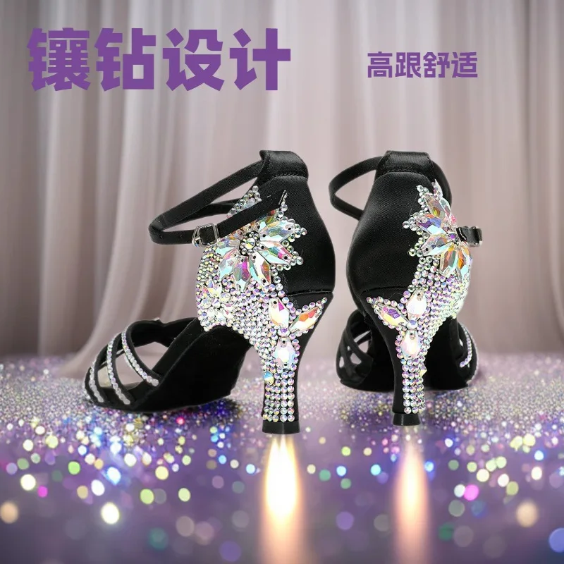 New Latin dance shoes with diamonds and satin female adult medium and high heel dance shoes performance dance shoes
