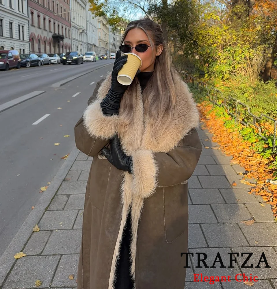 TRAFZA Donna Autunno Inverno Cappotto lungo in pelliccia sintetica Cappotto lungo reversibile shaggy vintage Nuovo cappotto lungo da strada retrò moda 2024