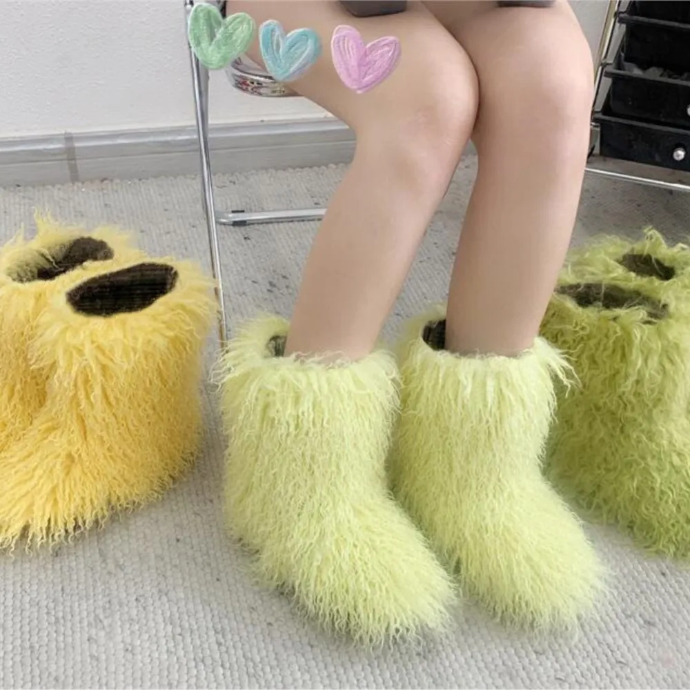 

2025 Hot Girl Punk Chic Fringe Ankle Boots Faux Lamb Fur Faux Fur Snow Boots Warm Plush Lined Non-Slip Women's Winter Booties