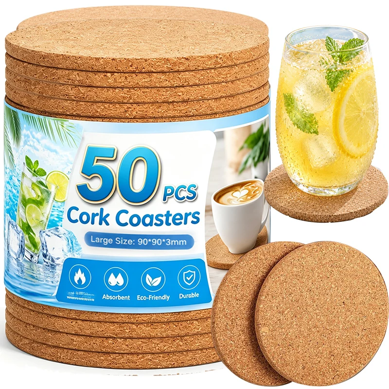 50/1 Stück Rutschfeste Holz-Kork-Untersetzer Natürliche Runde Holz-Tassenuntersetzer Wärmeisolierungspad Tee-Kaffee-Becher-Untersetzer Tischdekoration