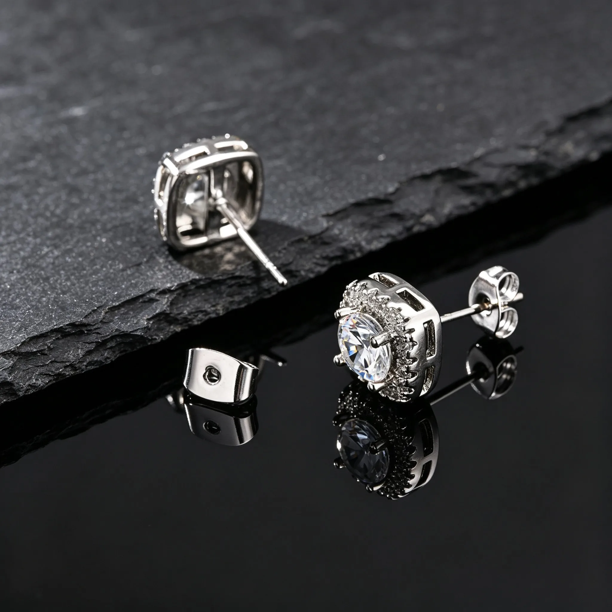 Luxuriöse weiße blaue Stein-Ohrstecker für Männer und Frauen, silberfarbene quadratische Kristall-Ohrringe, Hochzeits-Vintage-Schmuck – Detail 2