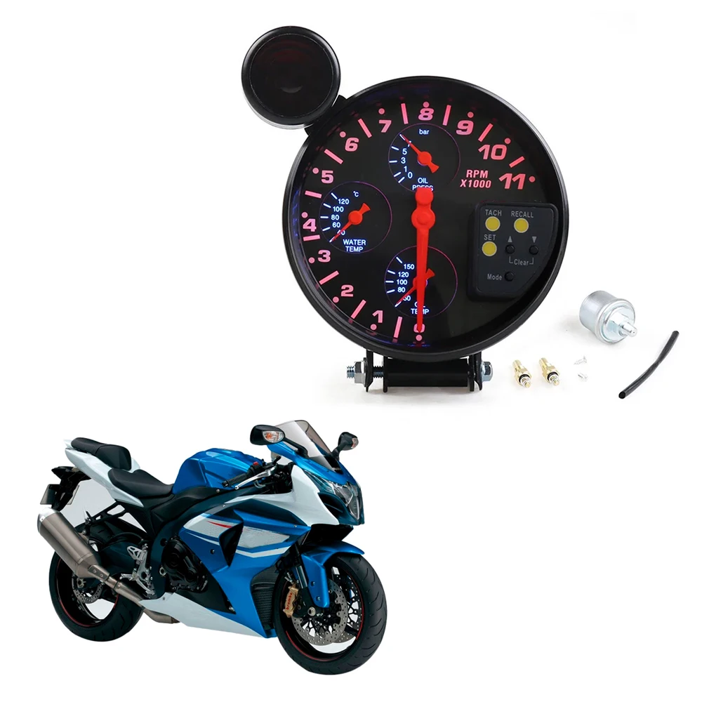 Tachometer 5 Inci Minyak Tachometer Mobil 0 ~ 11000 RPM Meteran Tekanan Minyak Gague Suhu 4 In 1 Tampilan 0 ~ 7 Bar