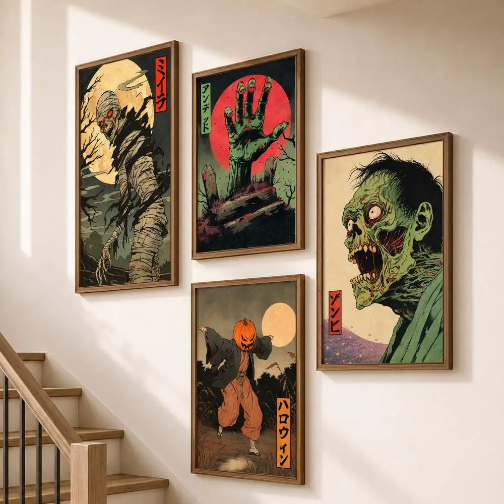 Japanese Rising Skeleton Ukiyoe Gothic Poster Modern Aesthetic Wall Art for Home Bar Cafe Bathroom Decor