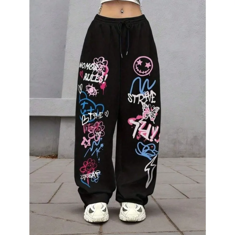 حجم كبير 1XL-5XL المرأة الجديدة متعة الكتابة على الجدران المطبوعة حزام عادية الرباط طويل بنطال ذو قصة أرجل واسعة