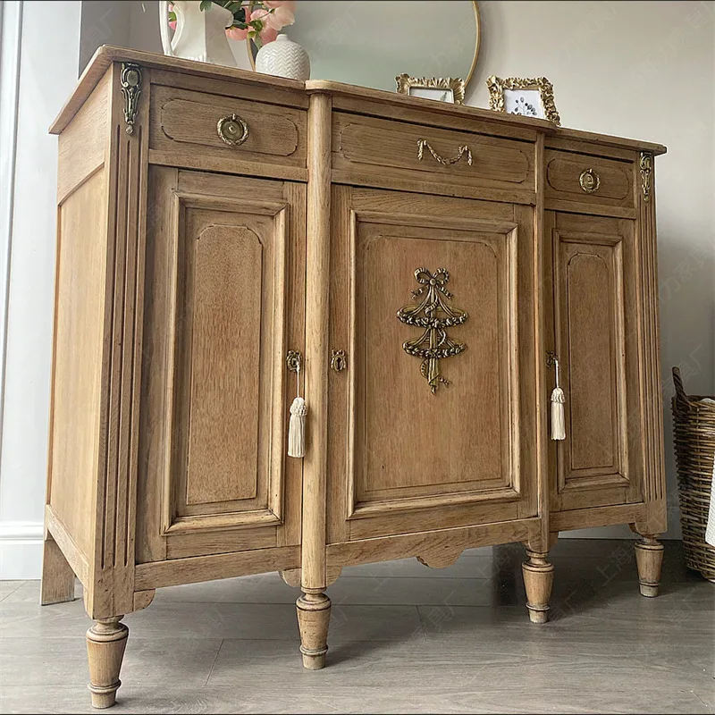 American country side cabinet, solid wood carving flower retro old restaurant three door cupboard locker