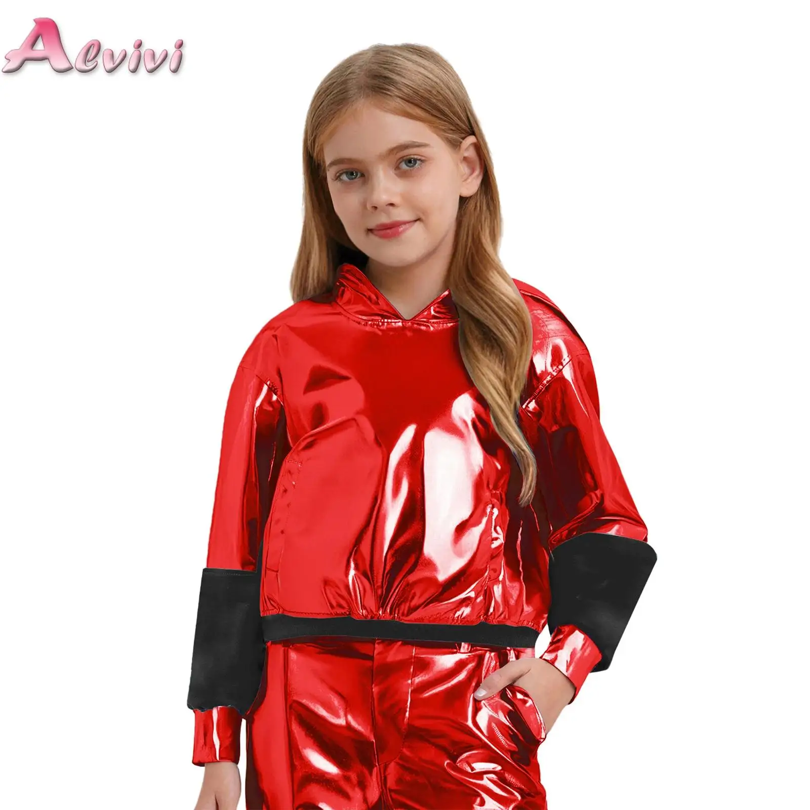 

Kids Boys Girls Metallic Hoodie Sweatshirt Jacket for Hip-Hop Jazz Dance Tops Long Sleeve Pullover Dancing Performance Costumes
