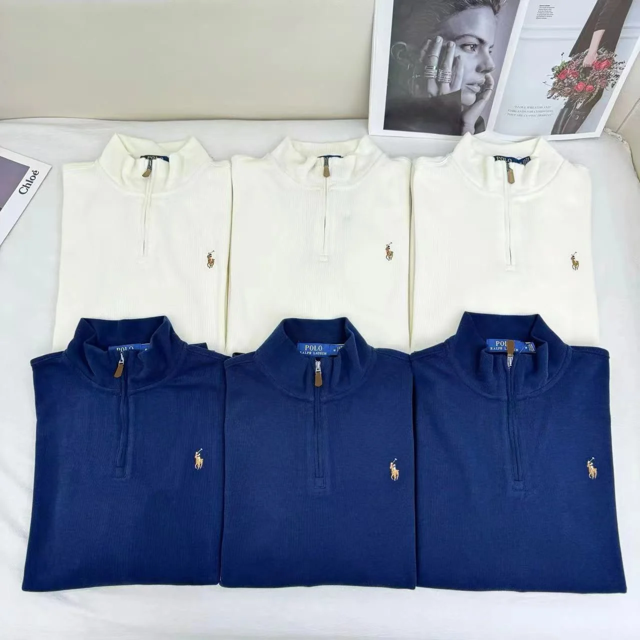 رالف لورين 2024 خريف/شتاء جديد منتصف الطراز القديم نصف سحاب ياقة أمريكية فضفاضة رداء علوي غير رسمي للرجال والنساء ،