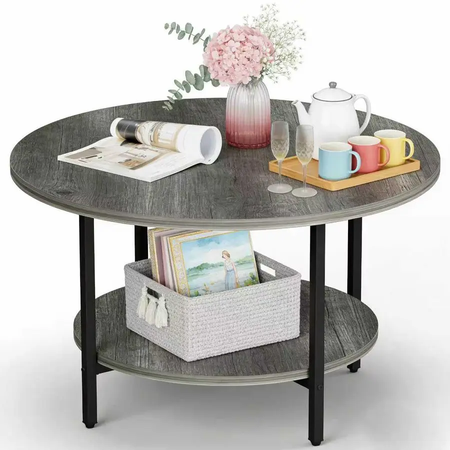 

Стол, круглый журнальный столик 27,6 дюймов для гостиной, двухъярусный круглый журнальный столик с местом для хранения, деревянный приставной столик для кровати