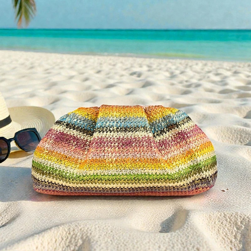 

2026 Summer Trend Rainbow-colored Striped Woven Straw Clutches Holiday Casual Straw Purse for Beach Vacation Lightweight Female