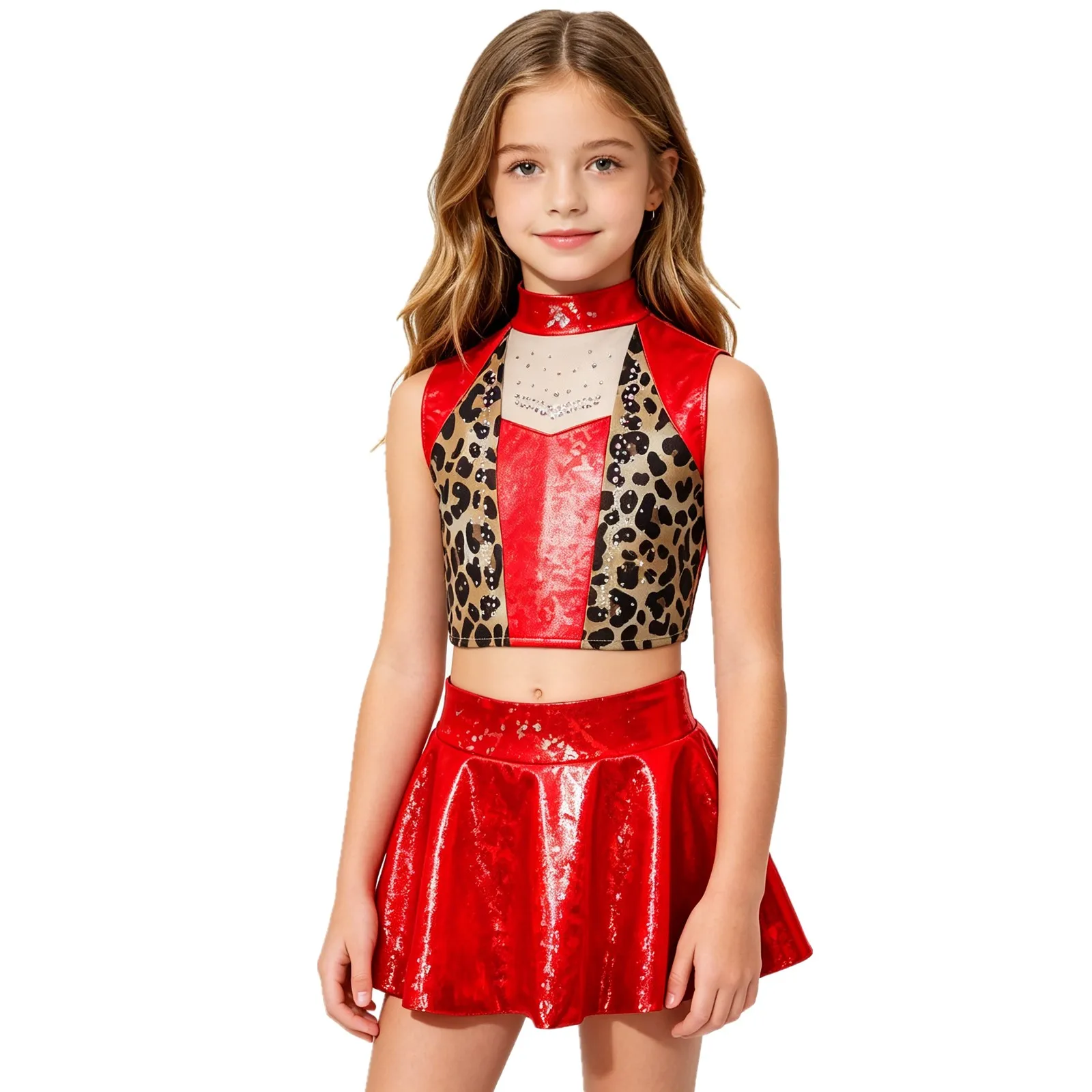 Teen Girls Hip Hop Jazz Dance Performance Costume Metallic Shiny Rhinestone Mesh Crop Tank Top with Culottes Cheerleading Outfit