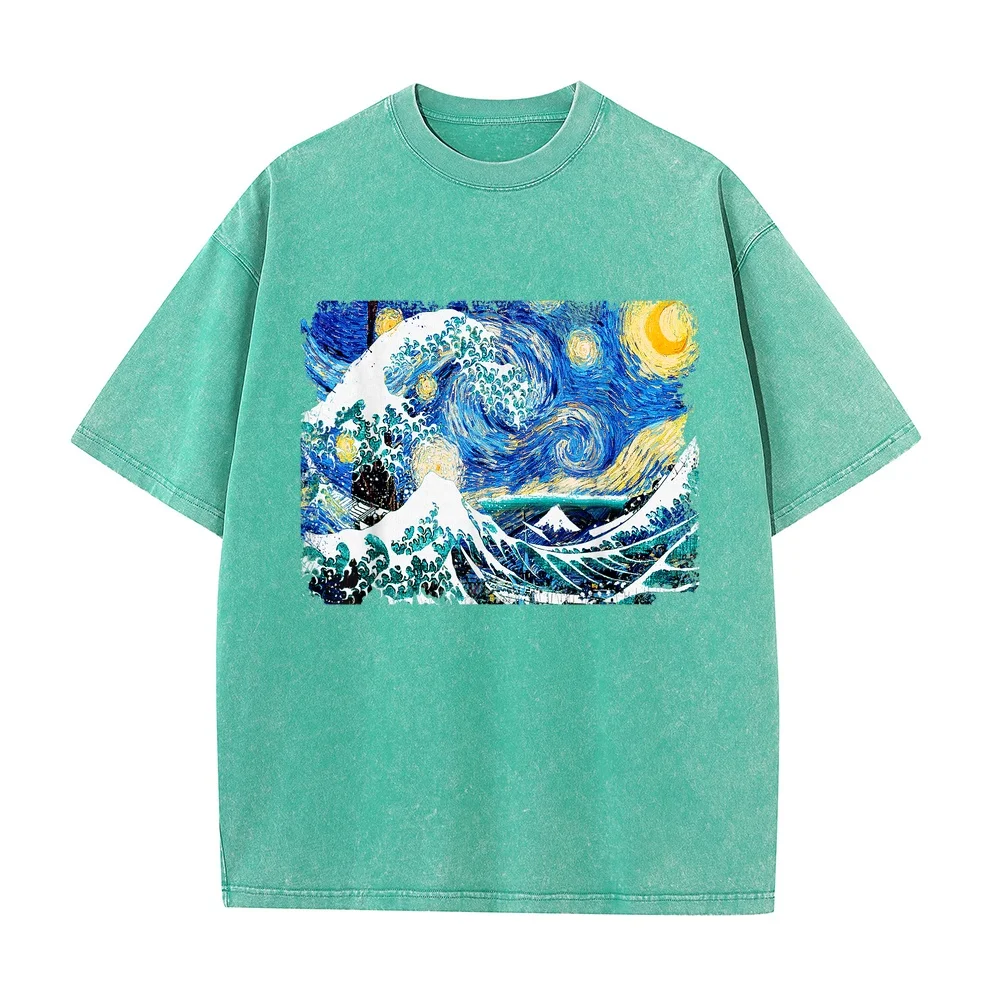 Starry Night and Great Wave Van Gogh Art Painting T Shirt T-Shirt 반팔티 Regular Casual Printed Summer Cotton Graphic Tee Short