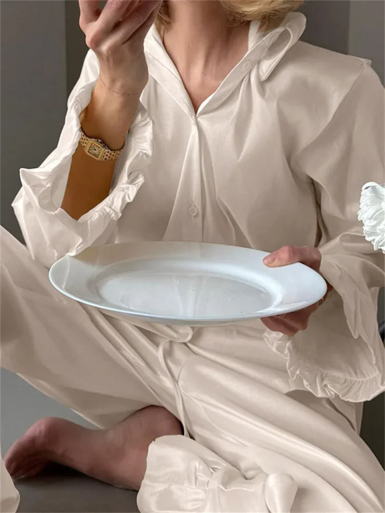 Nouveau décontracté ample femmes pantalons tenues femmes à volants élégant solide chemises haut et taille haute pantalon ensembles femme 2 pièces-ensemble