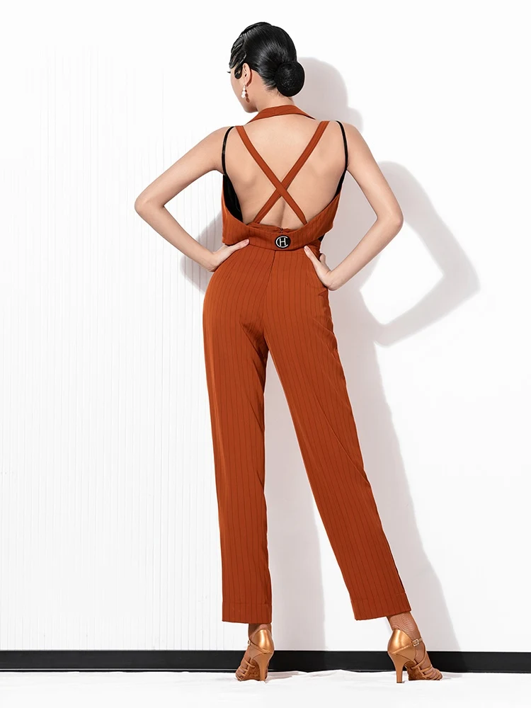 2024 New Latin Dance Pants For Women Orange Vest Striped Suspender Pants Suit Chacha Rumba Tango Adult Latin Dance Wear DQS16027