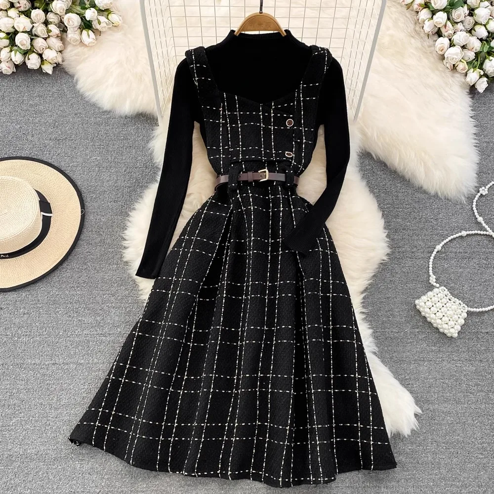 2024 Autumn Winter Long Plaid Dress Women Sleeveless Woolen Sundress With Belt Loose Spaghetti Strap Dresses Female Vestidos