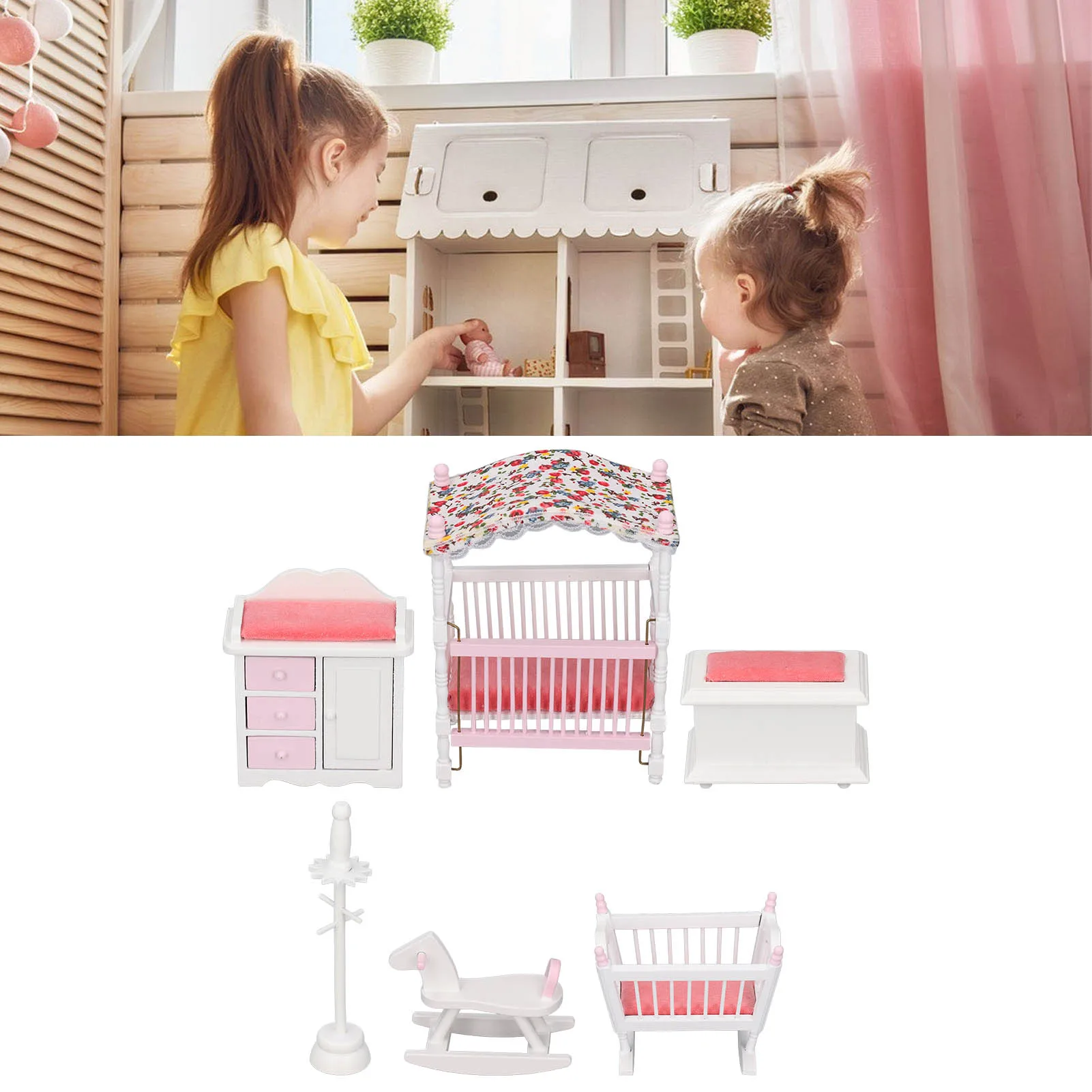 ZK30 1:12 Scales Dollhouse Bedroom Furniture Set Miniature Wooden Dollhouse Bedroom Furniture Pink White Room Accessories Toy