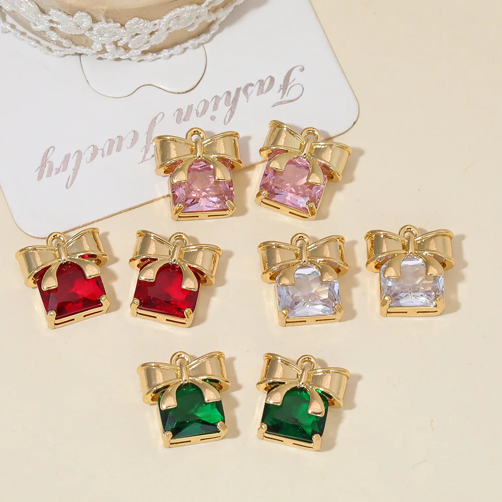 

20pcs/ Bag Copper gold plated zirconia bow gift box pendant diy bracelet necklace earrings accessories