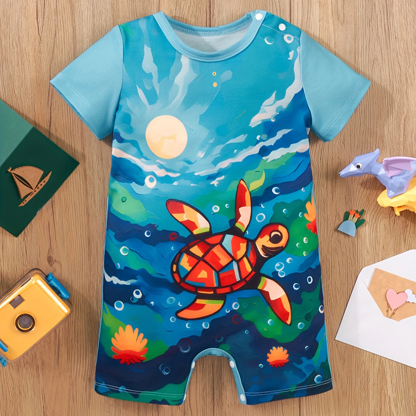 0-24Months Newborn Baby Romper Short Sleeved Cute Turtle Print Outdoor Climbing Suit Baby Outgoing Jumpsuit Soft Infant Clothes