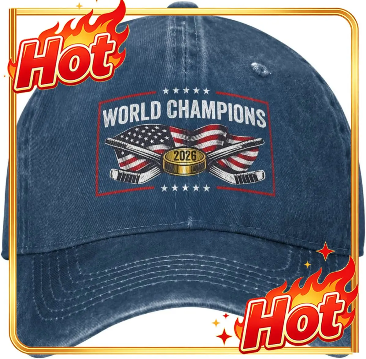 Us 2026 World Champions Hat American Flag Patriotic Hockey Fan Retro Cotton Cap