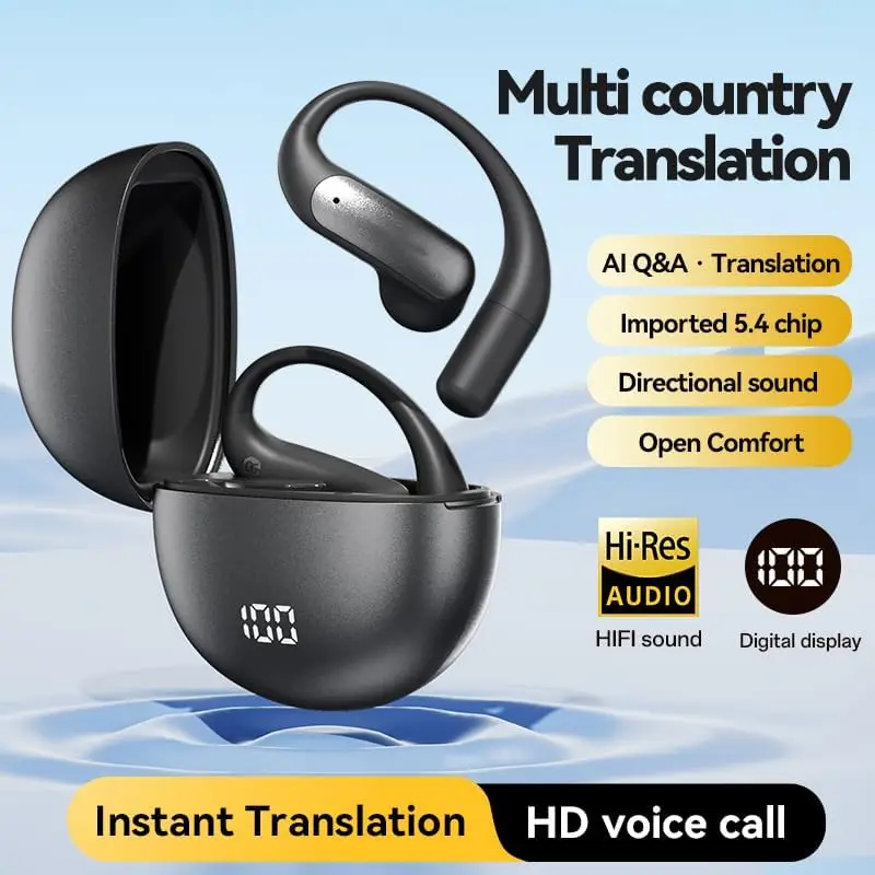 

AI Translation Earbuds, Bluetooth 5.3 Wireless Earphones with Real Time Translation, Sport Ear Hook Headphones with Hi-Res Audio
