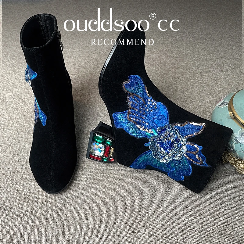 Ods Blue Elegant Flower Embroider Ankle Boots Winter Fashion Colorful Rhinestone Square Heels Zipper Motorcycle Short Boots41 43