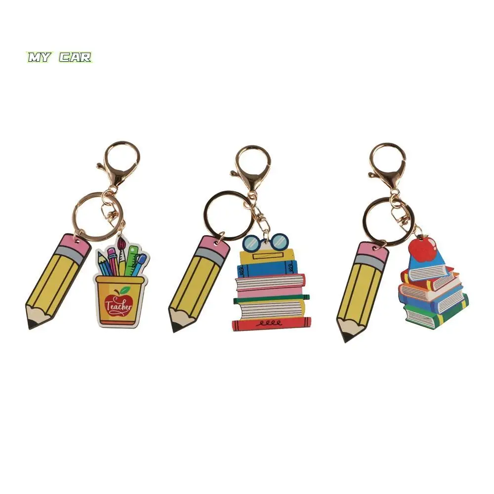 

Wooden Pencil Rainbow Keychain Geometric Shape Charm Teacher's Day Keychain English Letter Colorful Teacher Education Pendant