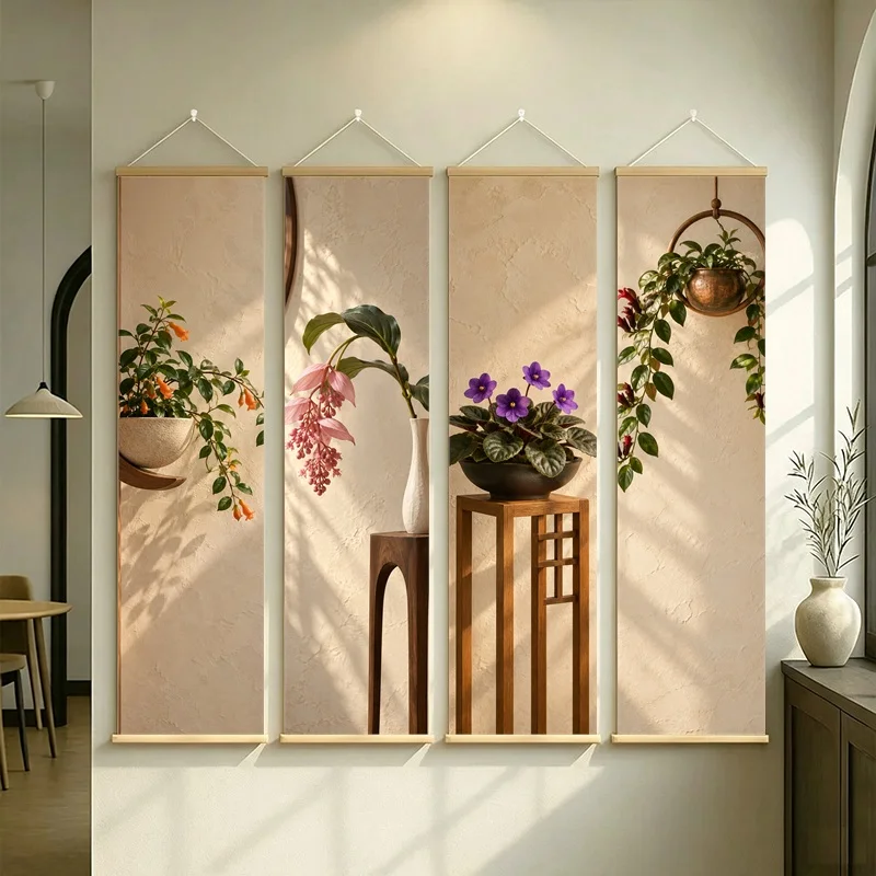 Wall Art Medinilla and African Violet, Calm Wabi-Sabi Silver Shimmer Canvas Hanging Scroll for Meditation Room Home Decor