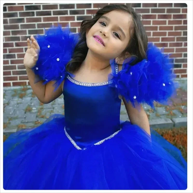 Royal Blue Flower Girl Dress Princess a-line con perline maniche a sbuffo bambino bambina matrimonio festa di compleanno Prom Holiday Dress