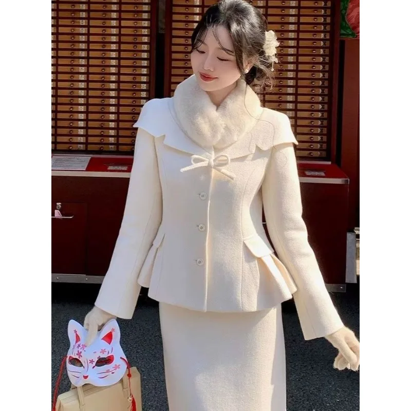 Japanese Korean Autumn Vintage Women Literary Style Sets Fashion Bow Collar Casual High Waisted Half Skirt Temperament 2pcs