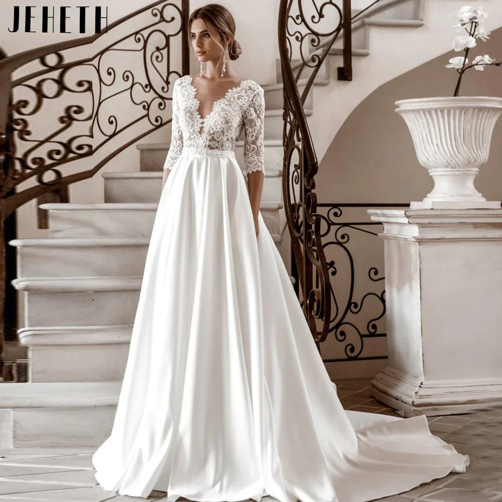 

Simple Wedding Dresses For Women Three Quarter Sleeve V Neck Sweep Train Floor Length Button Lace Satin Bridal Gowns Plus Size