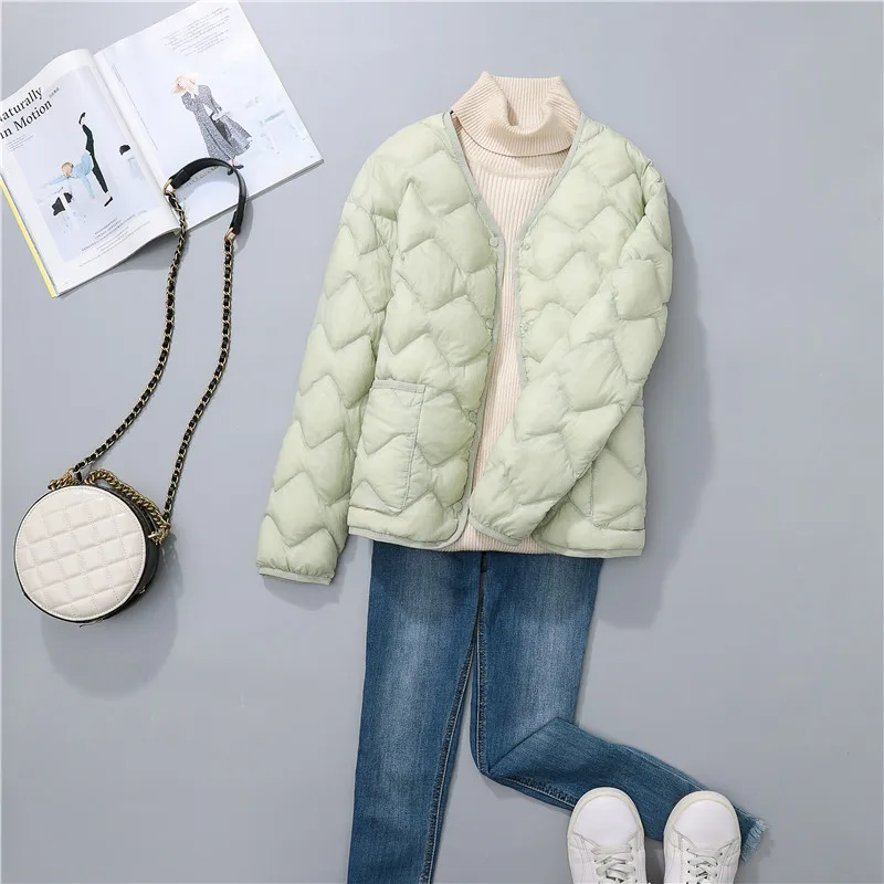 Autumn Winter Light Thin White Duck Down Coat Women V Neck Warm Down Jacket Female Single Breasted Bigsize Puffer Parkas Outwear