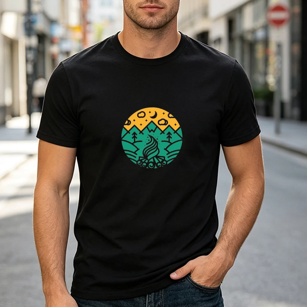 Minimalist Mountain Scenery Campfire Night Pattern T-Shirt Unisex Black Short Sleeve T-Shirt Simple Natural Landscape Print Top