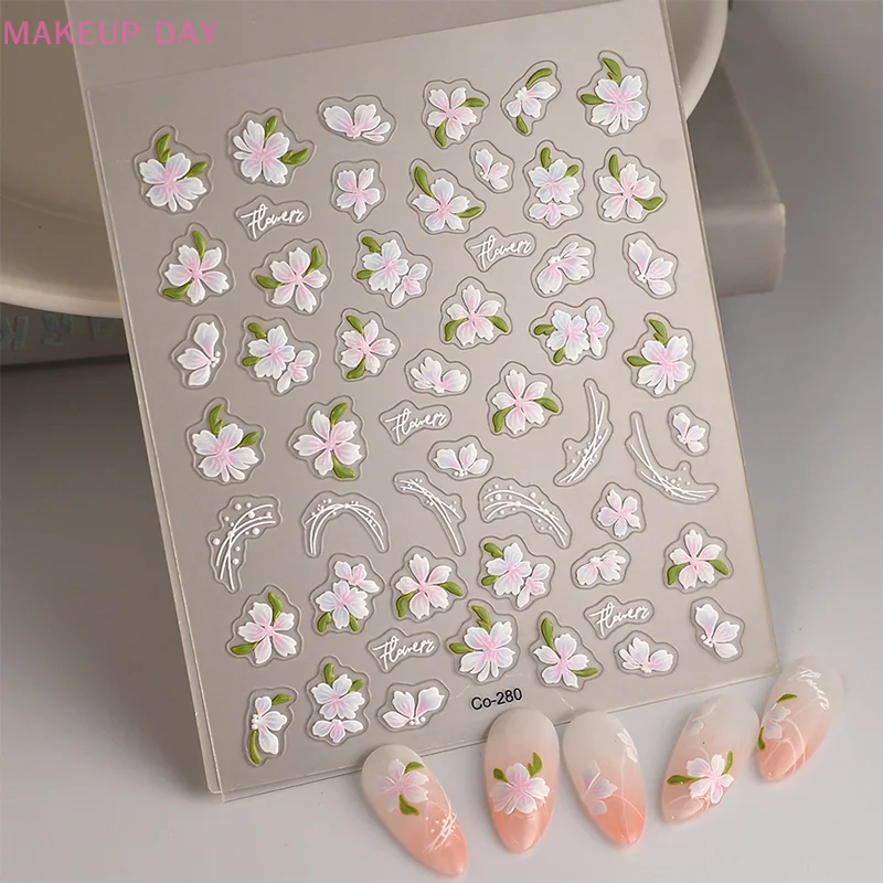 5D Ice Through Kawaii Relief Sakura Nail Art Stickers Flower Self-Adhesive Nail Decorations Decals Accessories