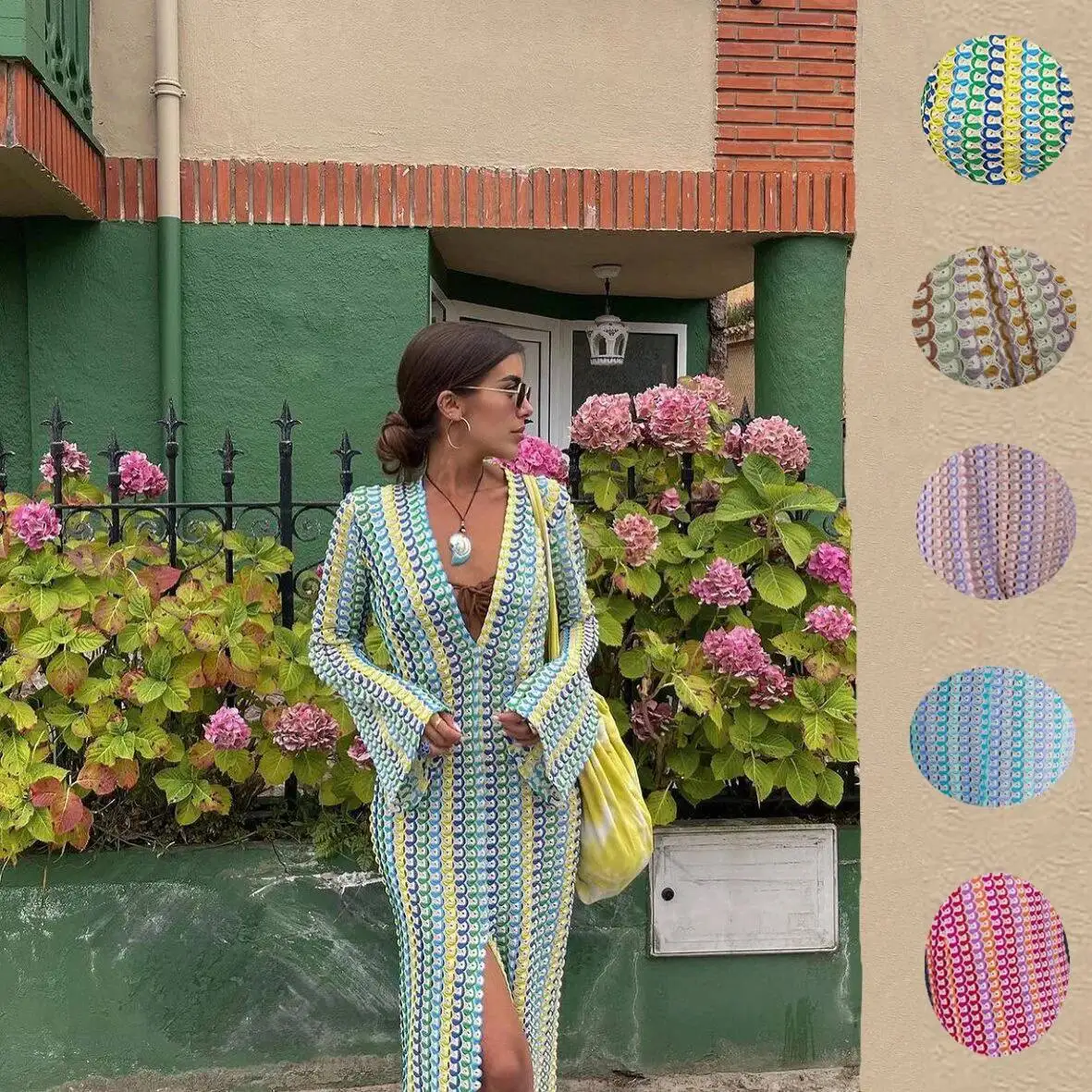 Crochet Colorful Stripe Maxi Dress Women Flare Sleeve V-Neck High Split Sexy Long Dresses 2025 New Summer Beach Banquet Vestidos