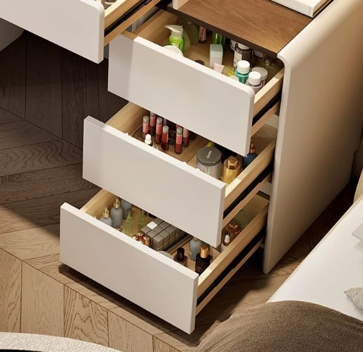 Meja Rias Modern - Meja Rias Krim Hemat Ruang dengan Cermin LED & Laci Terintegrasi (Meja Rias Apartemen Kecil