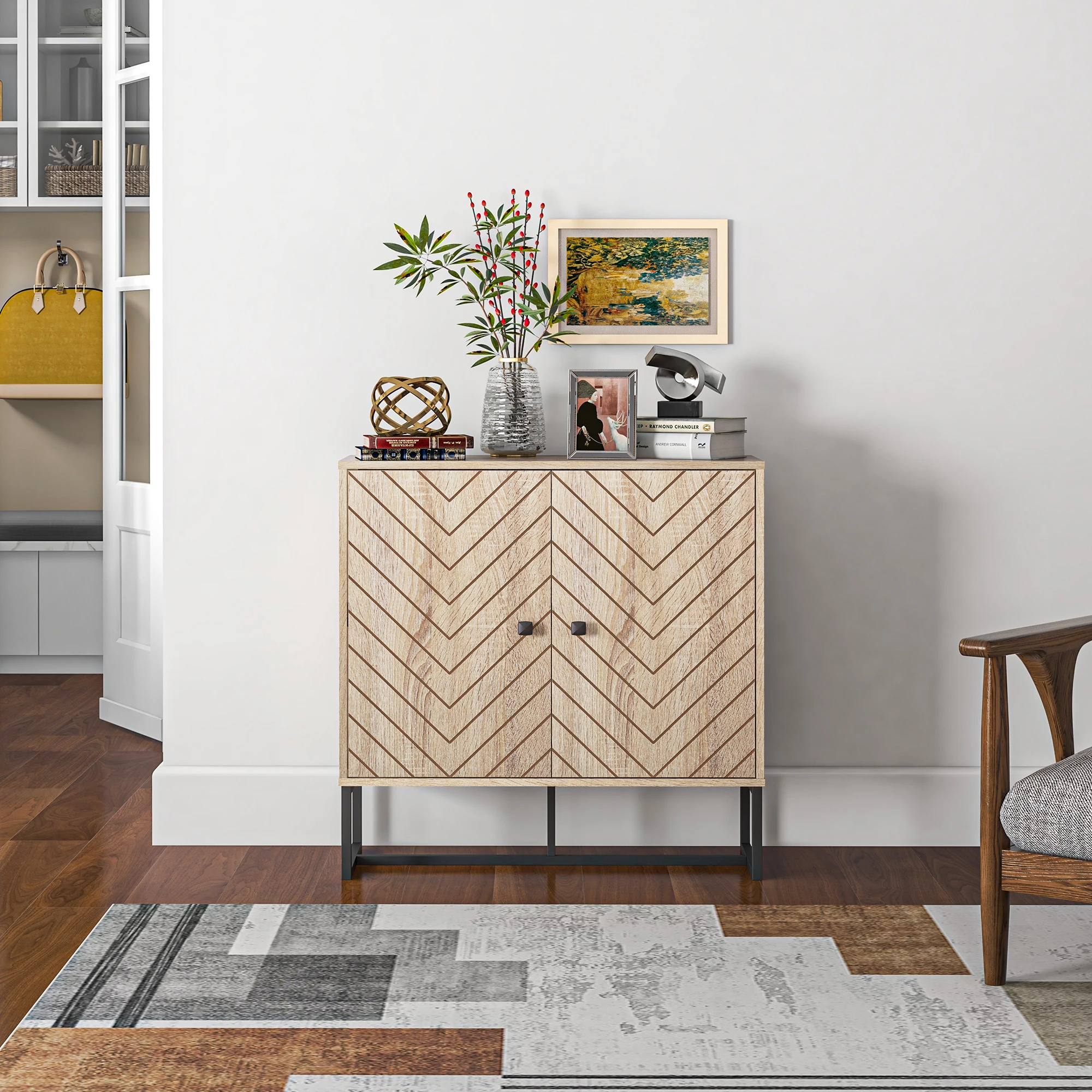 HOMCOM Embossed Arrow Storage Cabinet w/ Adjustable Shelf Metal Frame Handles