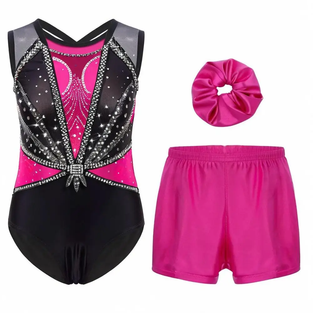 menina-strass-ballet-danca-collant-outfit-sem-mangas-metalico-ginastica-bodysuit-com-shorts-hairband-traje-de-patinacao-artistica